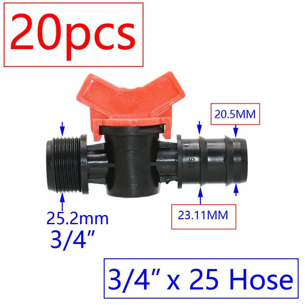 20pcs Drip Irrigation Mini Valve 4/7 3/8/10/12/16/20 /25mm Pipe Garden Tap 1/2" 3/4" Male Thread Water Hose Barb Connector