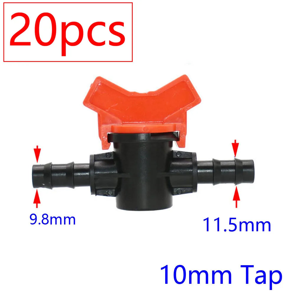 20pcs Drip Irrigation Mini Valve 4/7 3/8/10/12/16/20 /25mm Pipe Garden Tap 1/2" 3/4" Male Thread Water Hose Barb Connector
