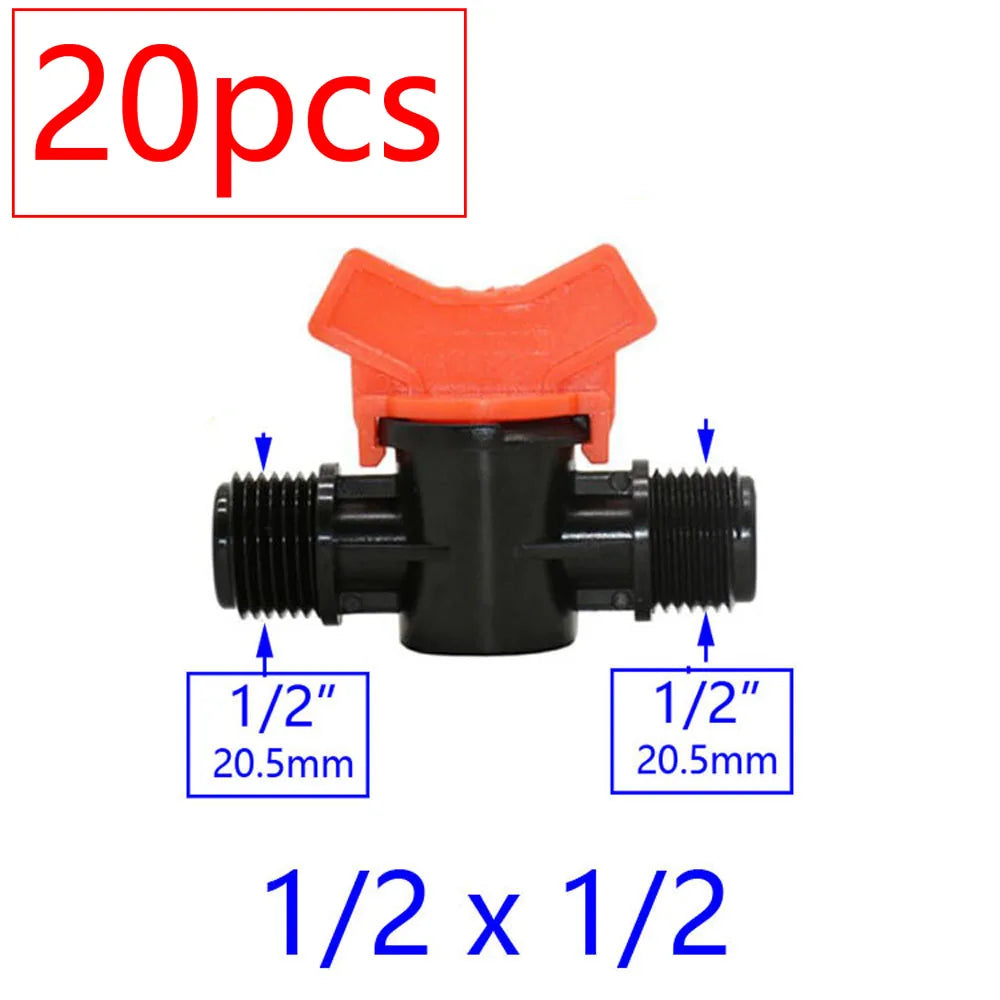 20pcs Drip Irrigation Mini Valve 4/7 3/8/10/12/16/20 /25mm Pipe Garden Tap 1/2" 3/4" Male Thread Water Hose Barb Connector