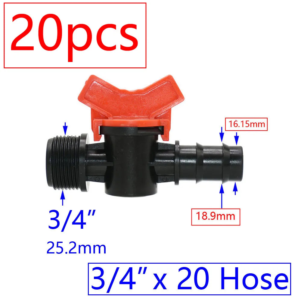 20pcs Drip Irrigation Mini Valve 4/7 3/8/10/12/16/20 /25mm Pipe Garden Tap 1/2" 3/4" Male Thread Water Hose Barb Connector