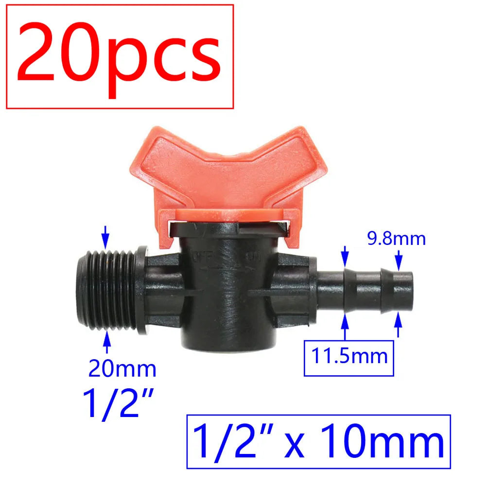20pcs Drip Irrigation Mini Valve 4/7 3/8/10/12/16/20 /25mm Pipe Garden Tap 1/2" 3/4" Male Thread Water Hose Barb Connector