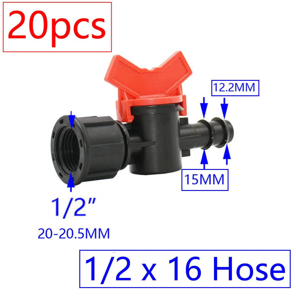 20pcs Drip Irrigation Mini Valve 4/7 3/8/10/12/16/20 /25mm Pipe Garden Tap 1/2" 3/4" Male Thread Water Hose Barb Connector