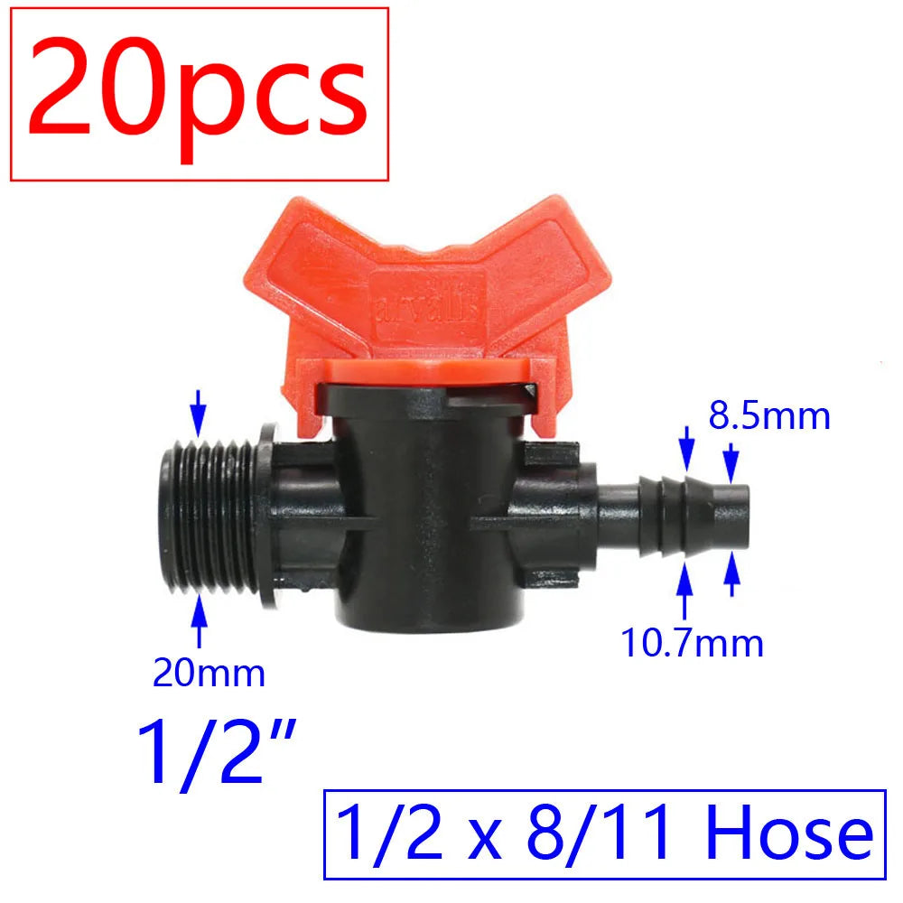 20pcs Drip Irrigation Mini Valve 4/7 3/8/10/12/16/20 /25mm Pipe Garden Tap 1/2" 3/4" Male Thread Water Hose Barb Connector