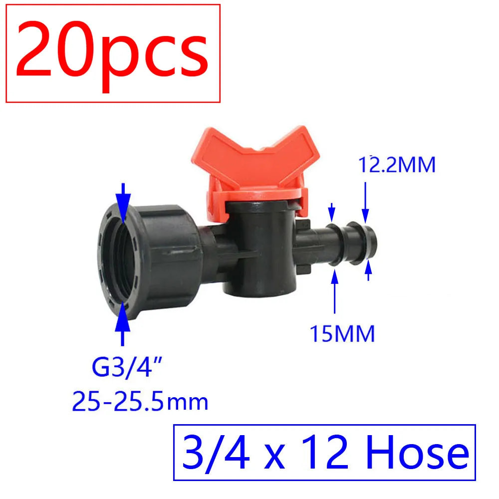 20pcs Drip Irrigation Mini Valve 4/7 3/8/10/12/16/20 /25mm Pipe Garden Tap 1/2" 3/4" Male Thread Water Hose Barb Connector