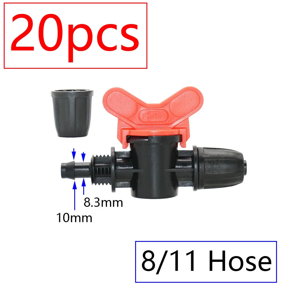 20pcs Drip Irrigation Mini Valve 4/7 3/8/10/12/16/20 /25mm Pipe Garden Tap 1/2" 3/4" Male Thread Water Hose Barb Connector