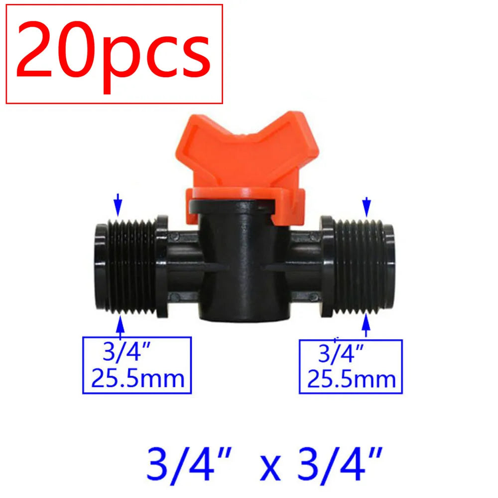 20pcs Drip Irrigation Mini Valve 4/7 3/8/10/12/16/20 /25mm Pipe Garden Tap 1/2" 3/4" Male Thread Water Hose Barb Connector