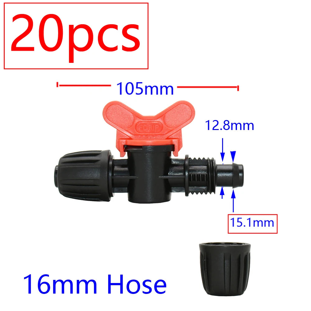 20pcs Drip Irrigation Mini Valve 4/7 3/8/10/12/16/20 /25mm Pipe Garden Tap 1/2" 3/4" Male Thread Water Hose Barb Connector