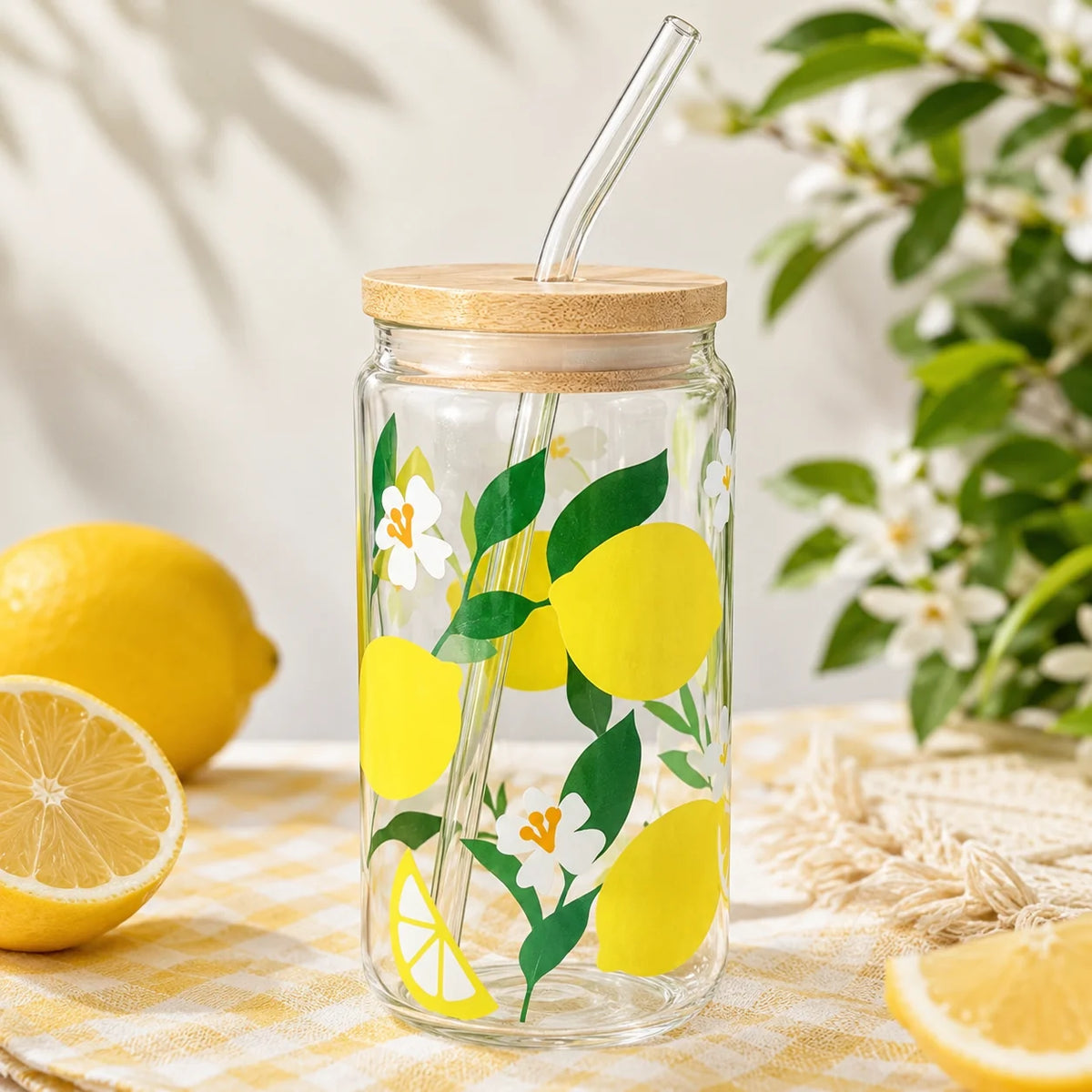 Cute Lemon Glass Tumbler with Bamboo Lid