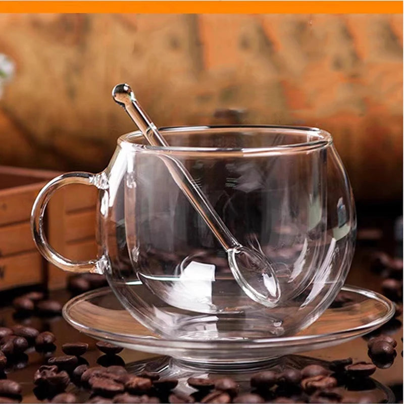 JUSTINLAU 150/300ml Double-layer Glass Cup Transparent with Handle Heat Resistant Coffee Cup & Saucer Milk Juice Water Cup Gift