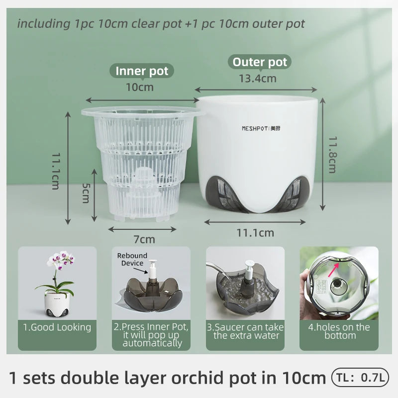 Meshpot Double Layer Orchid Pots with Holes - Plastic Planters Imitate Ceramic, Air Circulation Design for Phalaenopsis Orchid