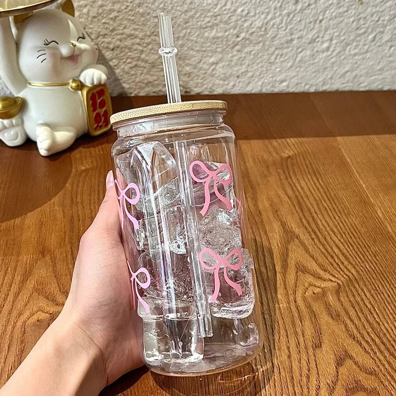 Simple Style Bow Straw Cup High Borosilicate Glass Office Coffee Cup Bamboo Cover Household Beverage Milk Cup Souvenir Gift Mug