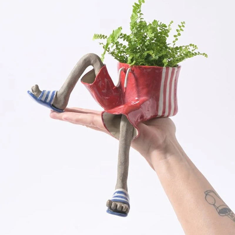 Novelty Sitting Legs Ceramic Planter Cute Dress Jeans Shaped Flower Pot Funny Ceramic Planter for Home Decor Creative Gift