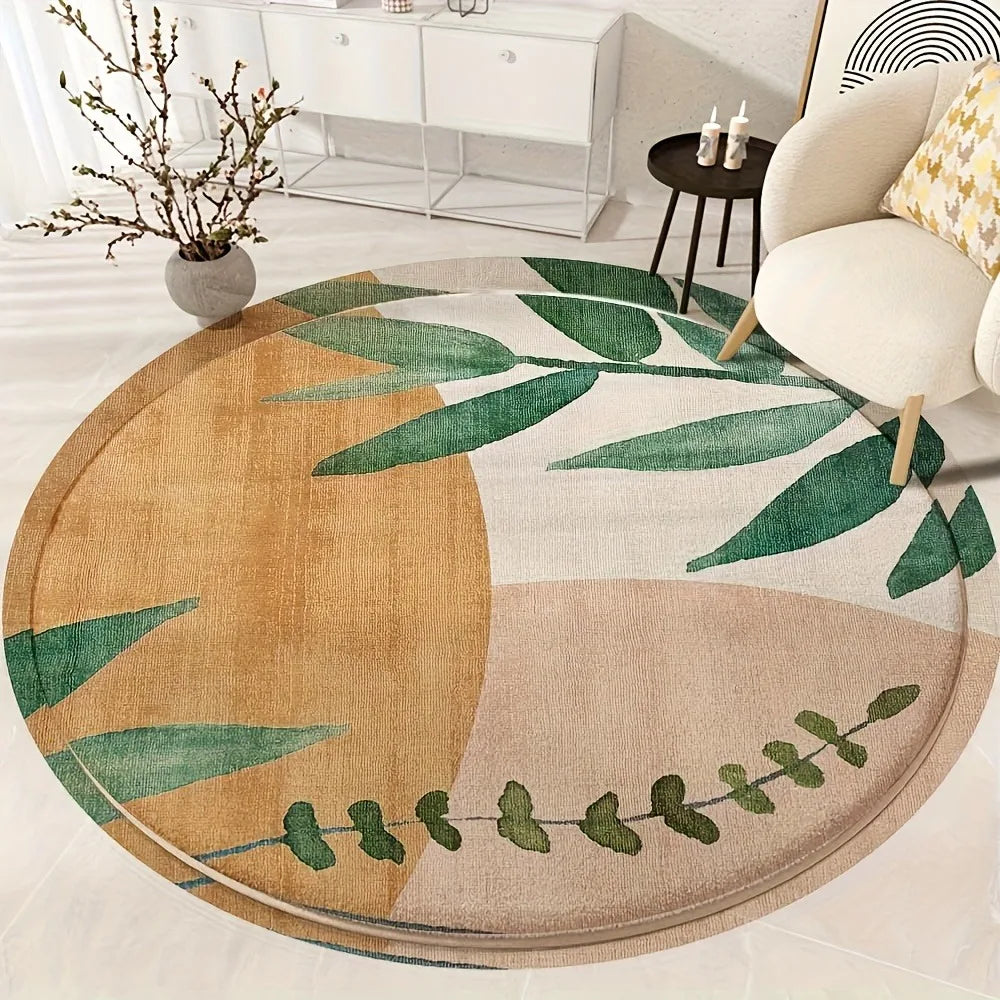 Beige Leaf Pattern Round Rug - Soft Plush Area Carpet, Non-Slip, Mint Green Floral Floor Mat for Living Room Hallway Decor