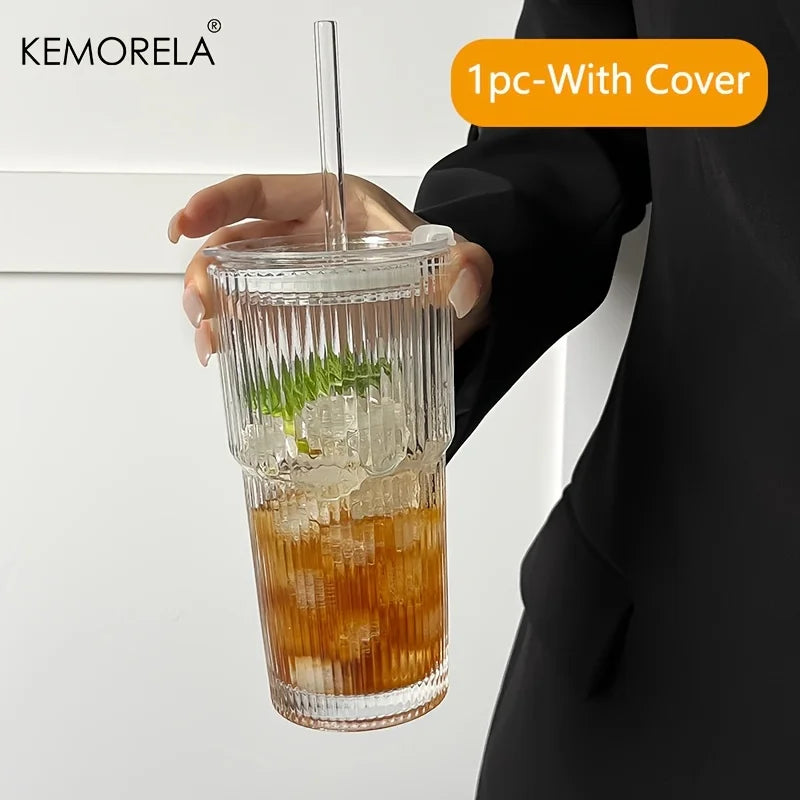 600ML Stripe Glass Coffee Cup with Lid