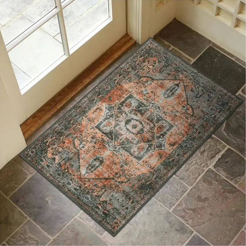 VIKAMA Washable Low Pile Oriental Entry Rug Rustic Terracotta Teal Medallion Design Anti Slip Patio Front Door Floor Mat