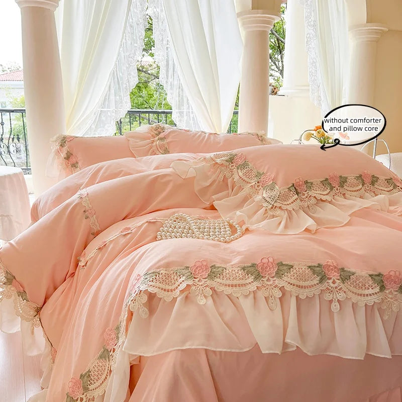 3 Piece Sheet Set pink lace duvet cover Set , comfortable Bedding Set Bedspread for All Season