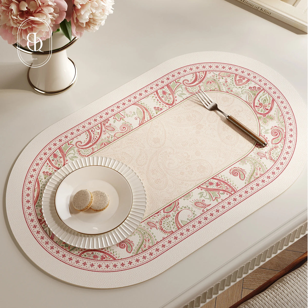 Faux Leather Placemats Set of 2 Non-Slip Oval Faux Leather Table Mat Heat Stain Resistant for Dinning Room Decor 12x20 Inch Gift