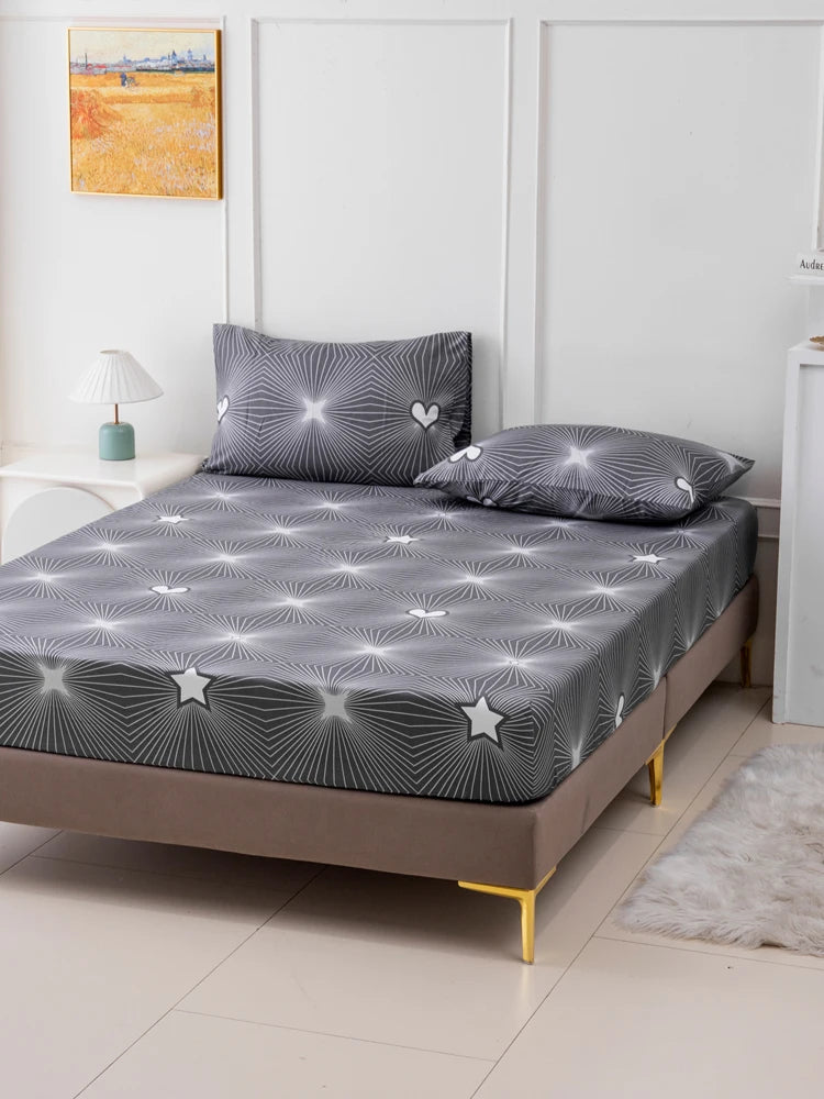 Geometric Star Pattern Printed Fitted Sheet, 1-Piece Mattress Cover (Pillowcase and Pillow Insert Not Included), Simple Line Design Polyester Fiber 3D Dirt-Resistant Mattress Protector, Soft and Breathable Polyester Fitted Sh