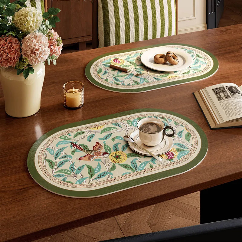 Faux Leather Placemats Set of 2 Non-Slip Oval Faux Leather Table Mat Heat Stain Resistant for Dinning Room Decor 12x20 Inch Gift