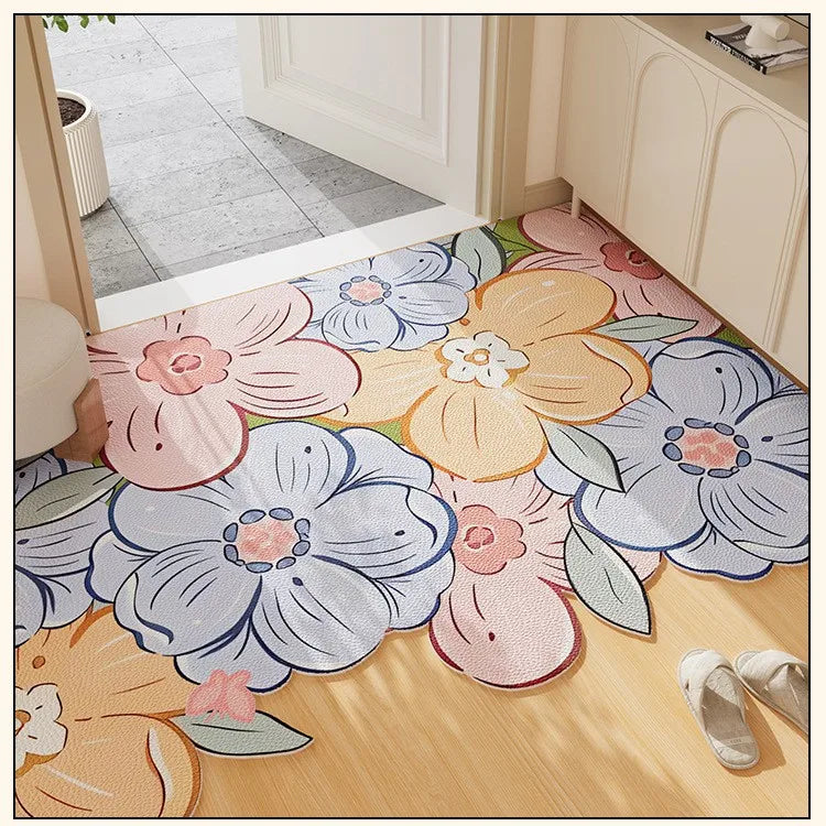 VIKAMA Entryway Green Floral Rug Wavy-Edge Entryway Hallway Mat Durable, Stain-Resistant, Fresh Natural Style Rug Home Decor