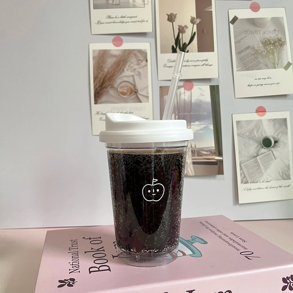 355/473ML Simple Plastic Water Bottle With Straw Tea Strainer Transparent Coffee Cup Office Milk Matcha Drink Cup Car Ice Cups