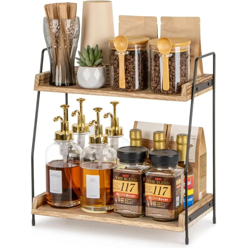 Counter Coffee Bar Organizer, Coffee Station Organizer for Countertop, Wooden Kitchen Counter Organizer