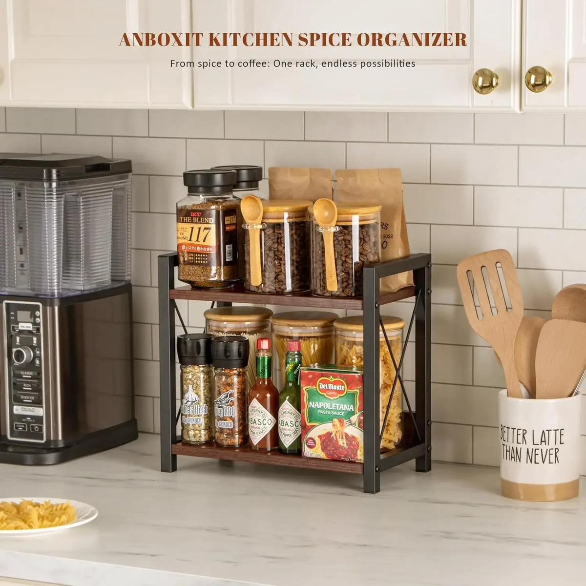 Counter Coffee Bar Organizer, Coffee Station Organizer for Countertop, Wooden Kitchen Counter Organizer