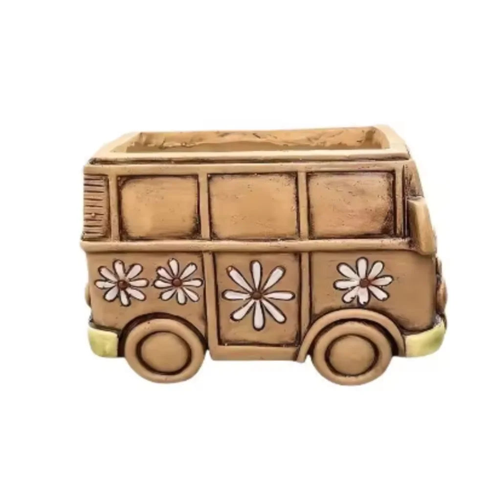 Retro Hippie Bus Shaped Flower Pot, Peace & Daisy Decor Resin Planter for Succulents Home Garden Decor