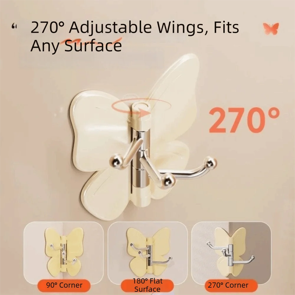 4Pcs Rotating Butterfly Triple Hook Household Multifunctional Kitchen Bathroom Adhesive Hook Strong Load-bearing Small Butterfly