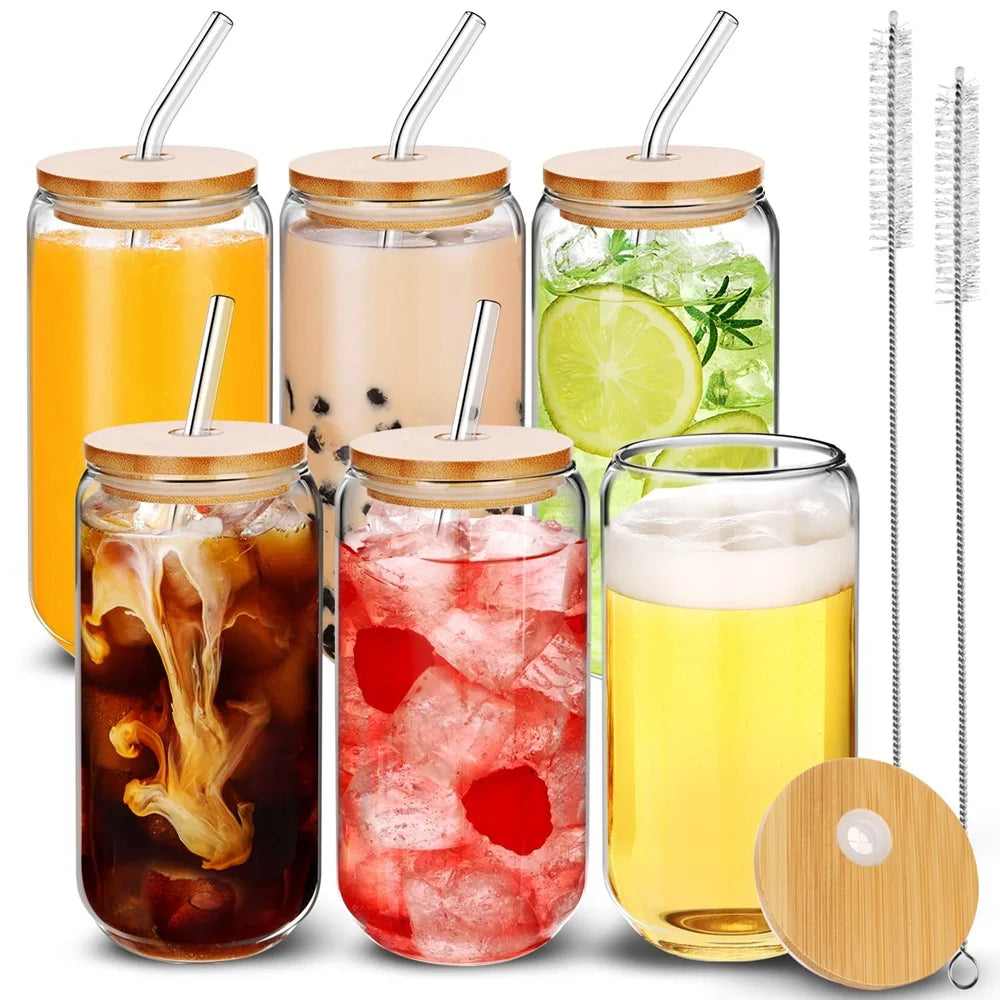 2/4/6pcs Glass Cups 500ml with Spill-Proof Lids And Straws Straw Cleaning Brushes for Hot/Iced BeerCoffee Tea Milk
