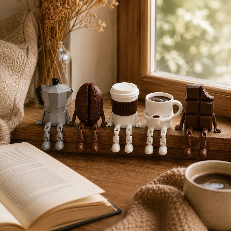 3D Printed Coffee Corner Decor, Articulated Moka Pot Coffee Bean Cup Mug Chocolate Figures, Coffee Station Shelf Decor, Gift