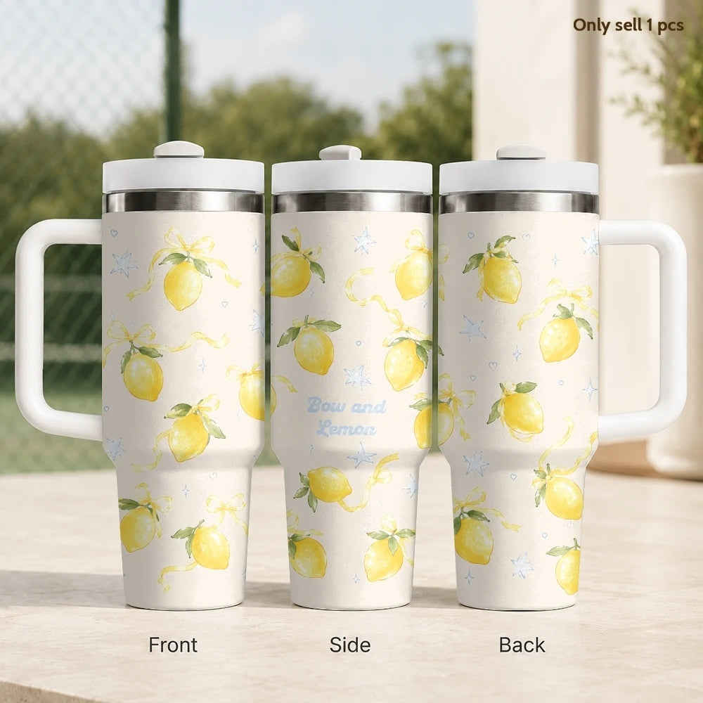 Kawaii Cherry Pattern Vacuum Flasks 40oz Stainless Steel Insulated Tumbler with Handle & Straw Leakproof Travel Mug