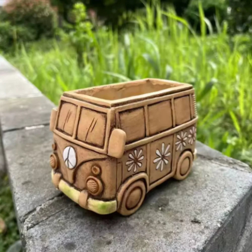 Retro Hippie Bus Shaped Flower Pot, Peace & Daisy Decor Resin Planter for Succulents Home Garden Decor
