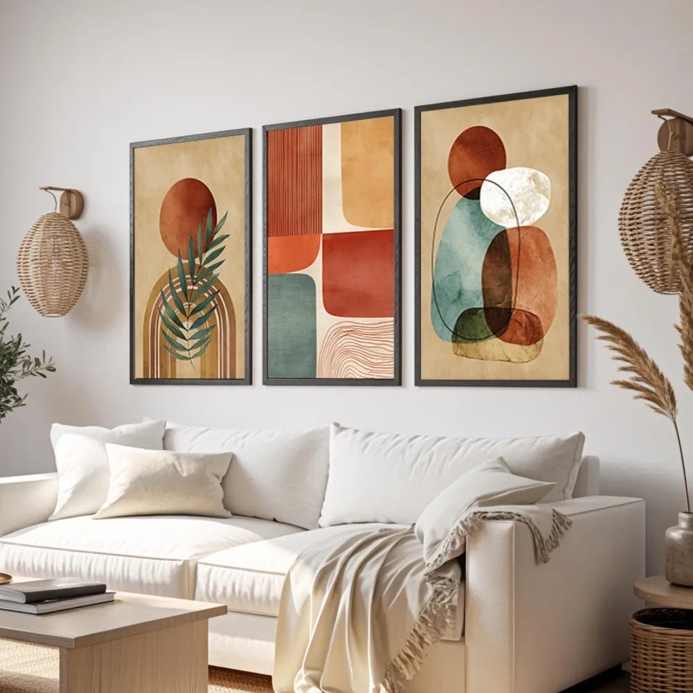 Frameless,Mid-century Modern Bohemian Abstract Wall Art,Terracotta Warriors and Horses Digital Prints,Living Room Home Decor