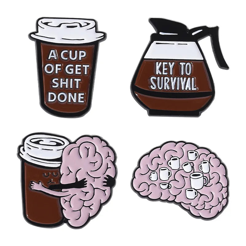 Funny Coffee Brain Enamel Pin Sassy Quote Brooch Coffee Cup Pot Lapel Badge Gift Backpack Denim Jacket Hat Clothes Accessory