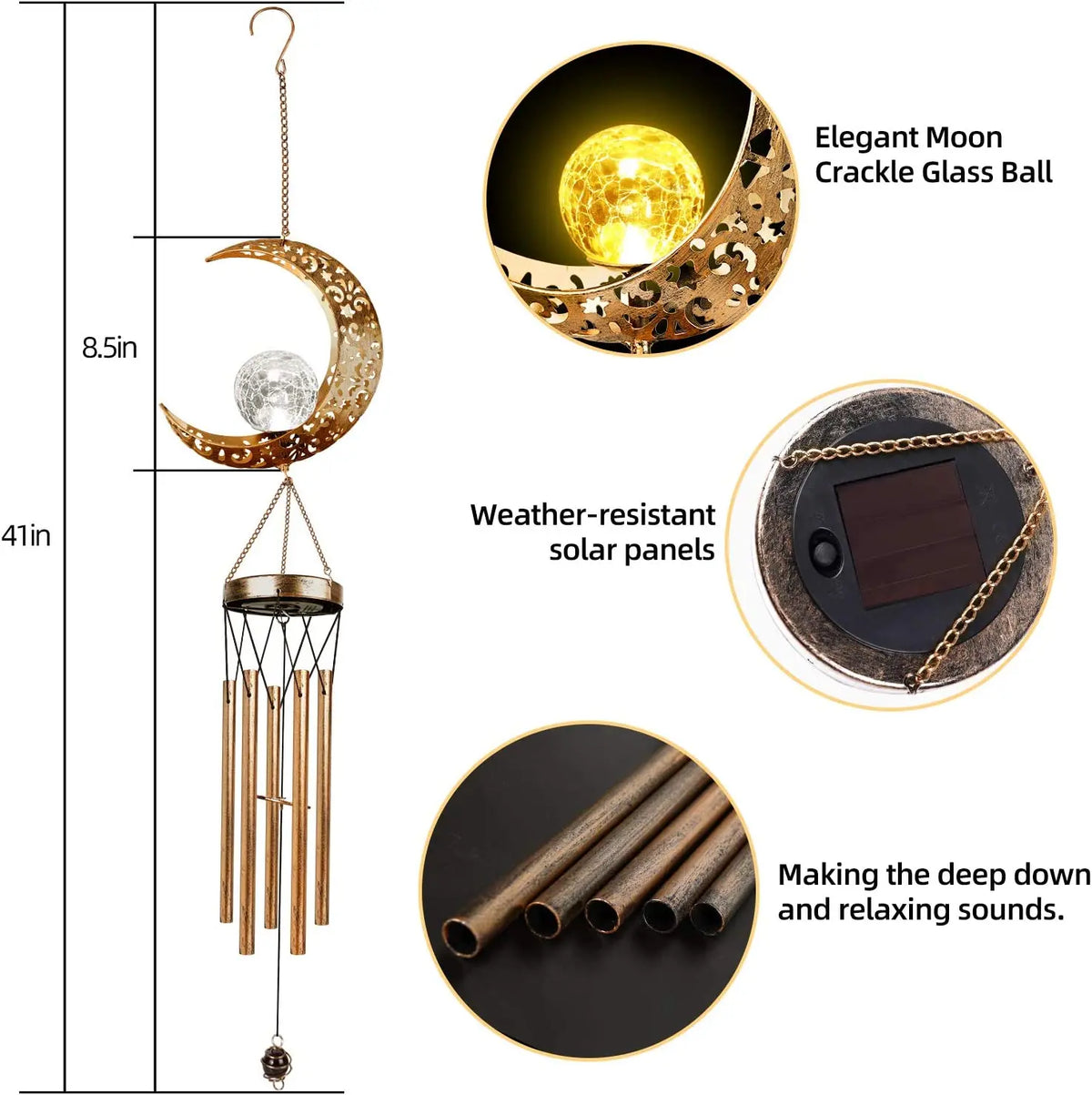 Outdoor Metal Wind Chimes Moon Sun Stars Wind Chime Solar Glowing Unique Wind Bells for Outside Waterproof Chimes Home Decor