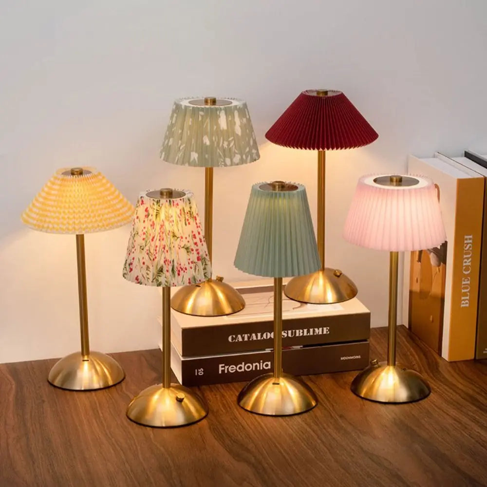 Metal Base Pleated Desk Lamp Fabric Shade Pastoral Style Touch Bedside Lamp Dimmable Wireless Bedside Ambient Light Bedroom