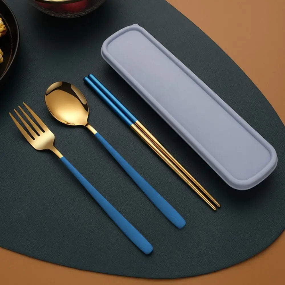 3-in-1 Stainless Steel Cutlery Set with Storage Box – Fork, Spoon & Chopsticks