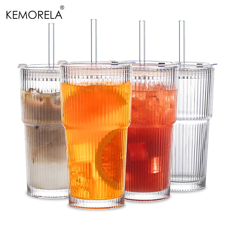 600ML Stripe Glass Coffee Cup with Lid