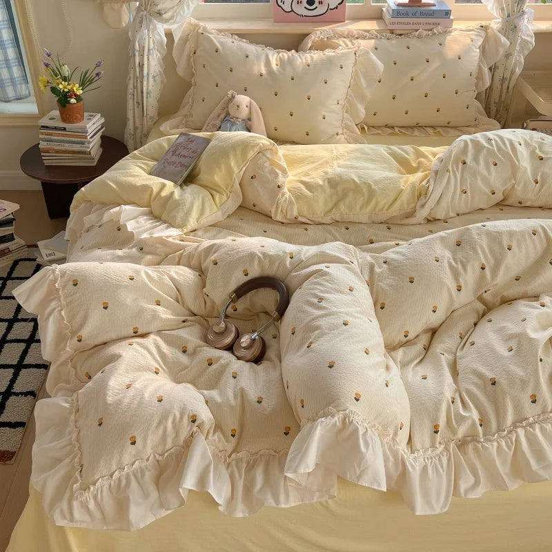 3/4Pcs Korean Princess Style Lace Ruffles Bedding Set Single Queen King Size Duvet Cover Set Bed Sheet Pillowcases