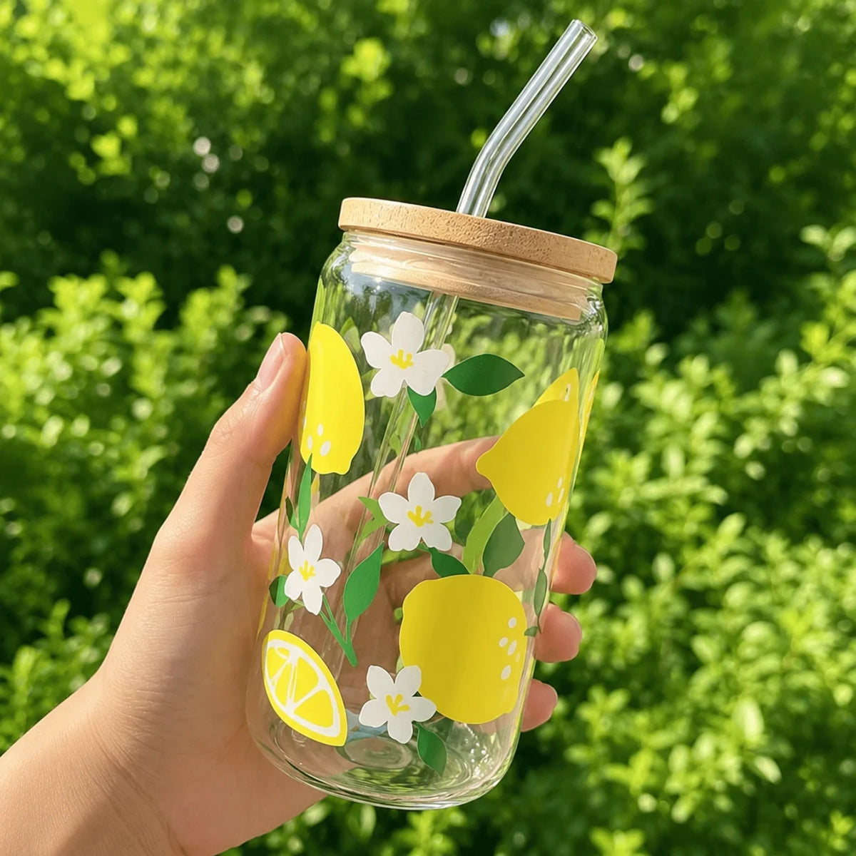 Cute Lemon Glass Tumbler with Bamboo Lid