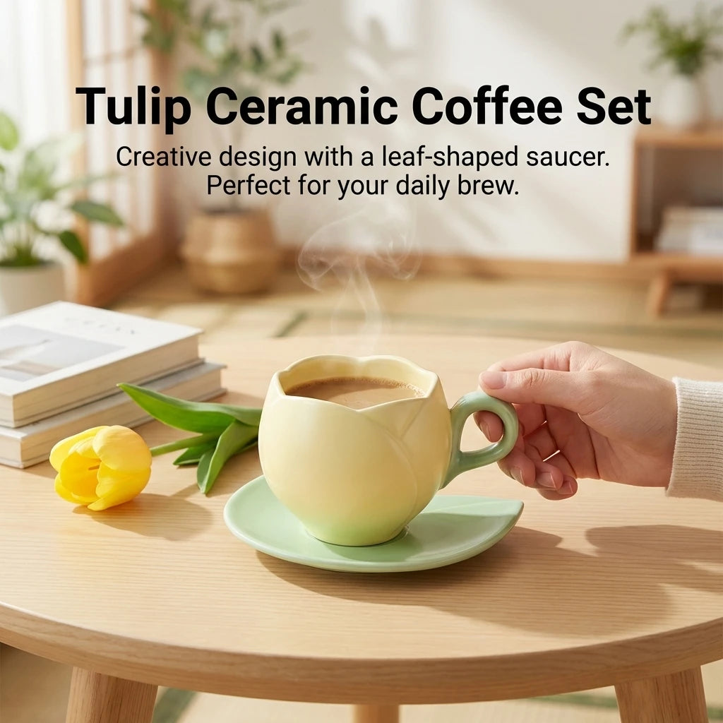 Ceramic Coffee Cup And Saucer Set Tulip Shape Japanese Style Design for Women