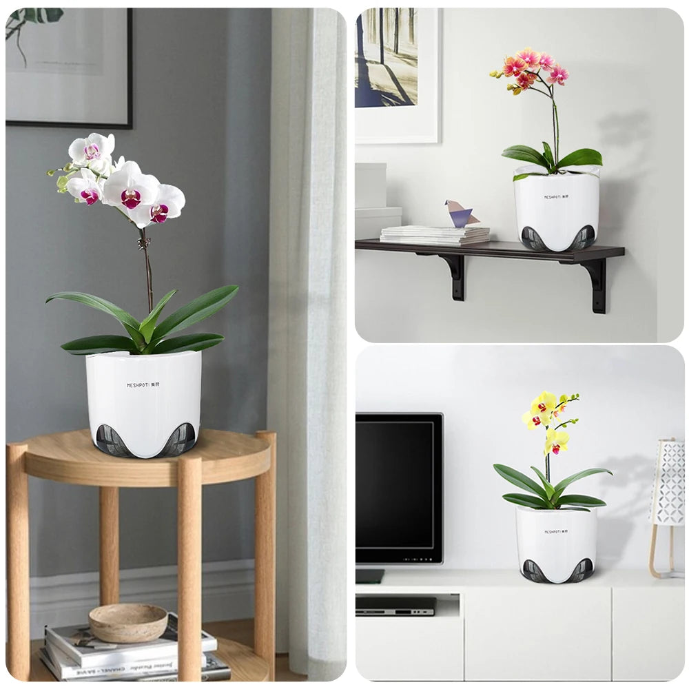 Meshpot Double Layer Orchid Pots with Holes - Plastic Planters Imitate Ceramic, Air Circulation Design for Phalaenopsis Orchid