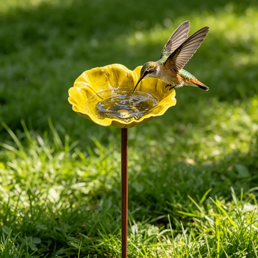 Metal Flower Yard Stake Handmade Bee Watering Station Ground Insert Bird Bath Feeder Butterfly Drinking Bowl Outdoor Decor