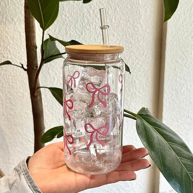 Simple Style Bow Straw Cup High Borosilicate Glass Office Coffee Cup Bamboo Cover Household Beverage Milk Cup Souvenir Gift Mug