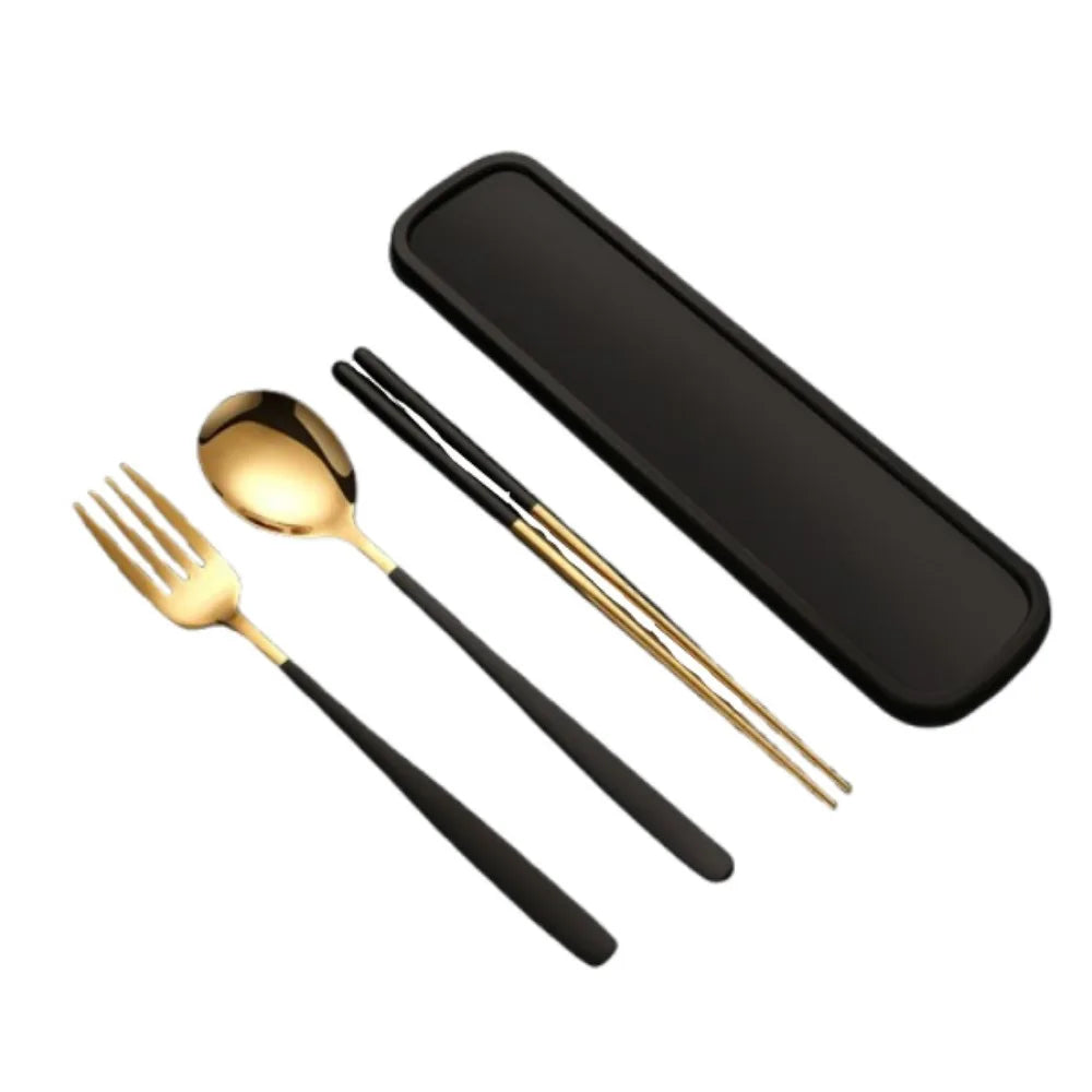 3-in-1 Stainless Steel Cutlery Set with Storage Box – Fork, Spoon & Chopsticks
