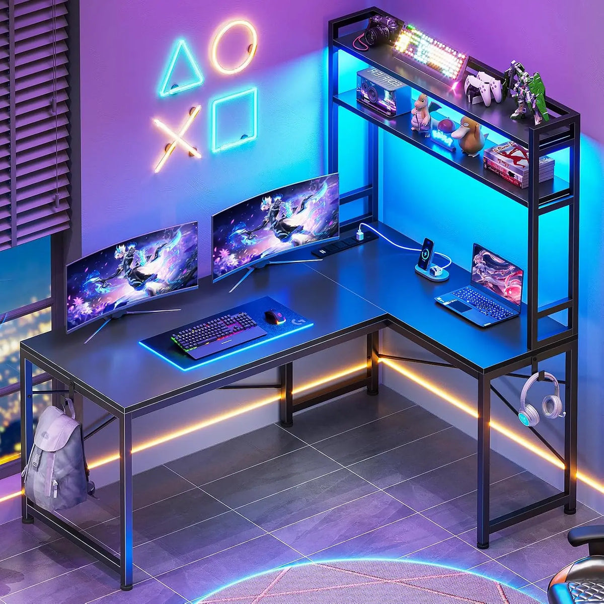 L Shaped Desk with Hutch, 45.3" Reversible Home Office Gaming Desk with LED Lights, Power Outlet, Storage & Hooks for Small Spac