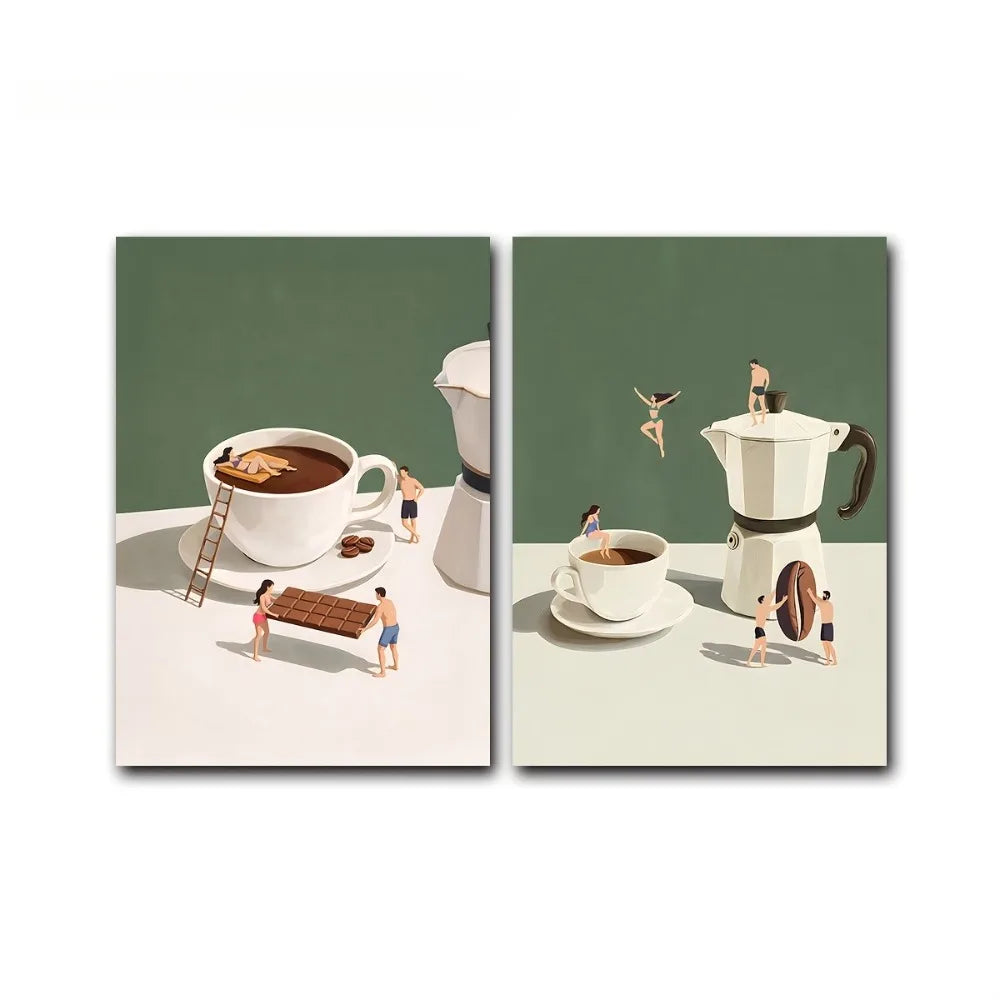 2pcs Frameless,Coffee Adventure Printing,Chocolate and Coffee,Espresso Wall Art,Fashion Kitchen Poster,Fun Gift for Coffee Lover