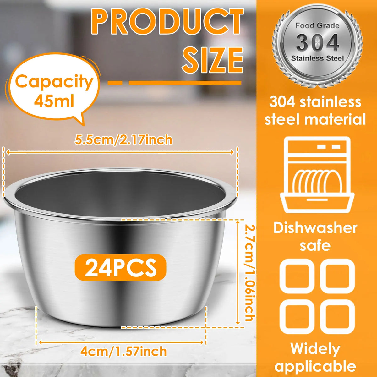 12/24/60 Pcs Sauce Dipping Bowl Stainless Steel Dipping Cups Round Sauce Dishes 45/55ML Mini Reusable Seasoning Cups Dipping Cup