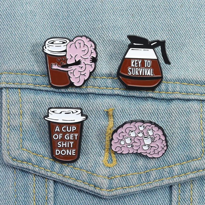 Funny Coffee Brain Enamel Pin Sassy Quote Brooch Coffee Cup Pot Lapel Badge Gift Backpack Denim Jacket Hat Clothes Accessory
